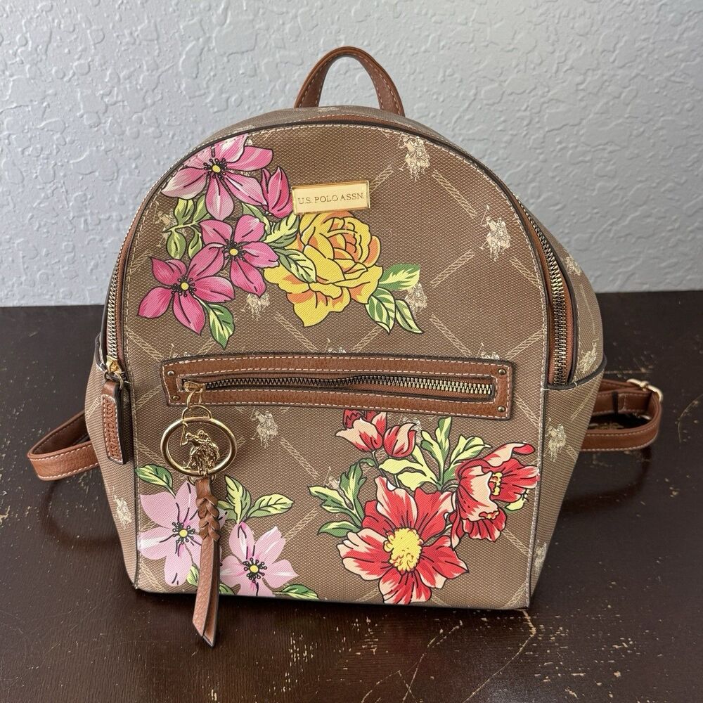 U.S. Polo Assn Floral Signature Backpack Khaki Monogrammed w Hardware Tassel